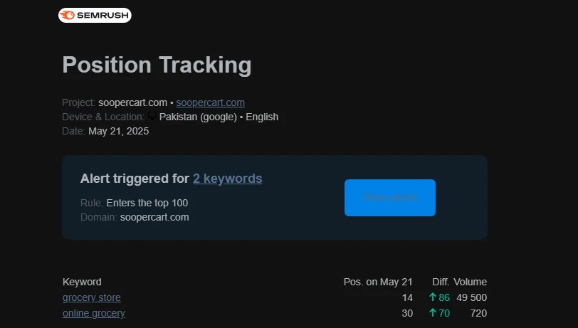 SEO Keyword Ranking Results for Online Grocery Store Website